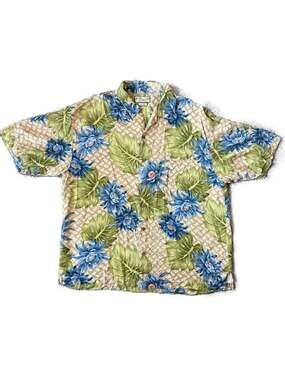 Pusser's Island Reserve 100% Silk Hawaiian Shirt Blue Floral & Monstera Leaf L